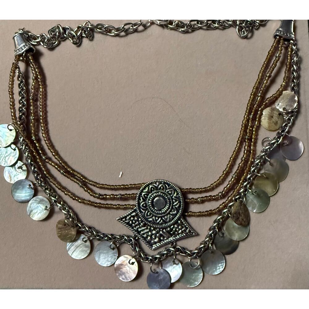 Boho Layered Necklace Mother of Pearl Silver Medallion Handmade - Picture 4 of 5